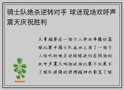 骑士队绝杀逆转对手 球迷现场欢呼声震天庆祝胜利